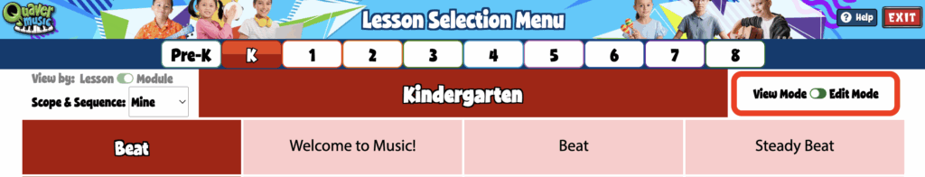A screenshot of the top portion of the Lesson Selection Menu. On the right-hand side a toggle is circled, where you can choose "view mode" or "edit mode."